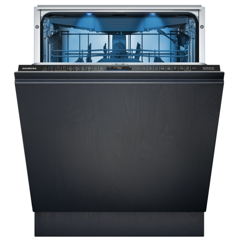 emens SN97T801CE fully integrated dishwasher on a white background with its door open, featuring flexComfort Pro baskets and the blue sideLight status indicator.
