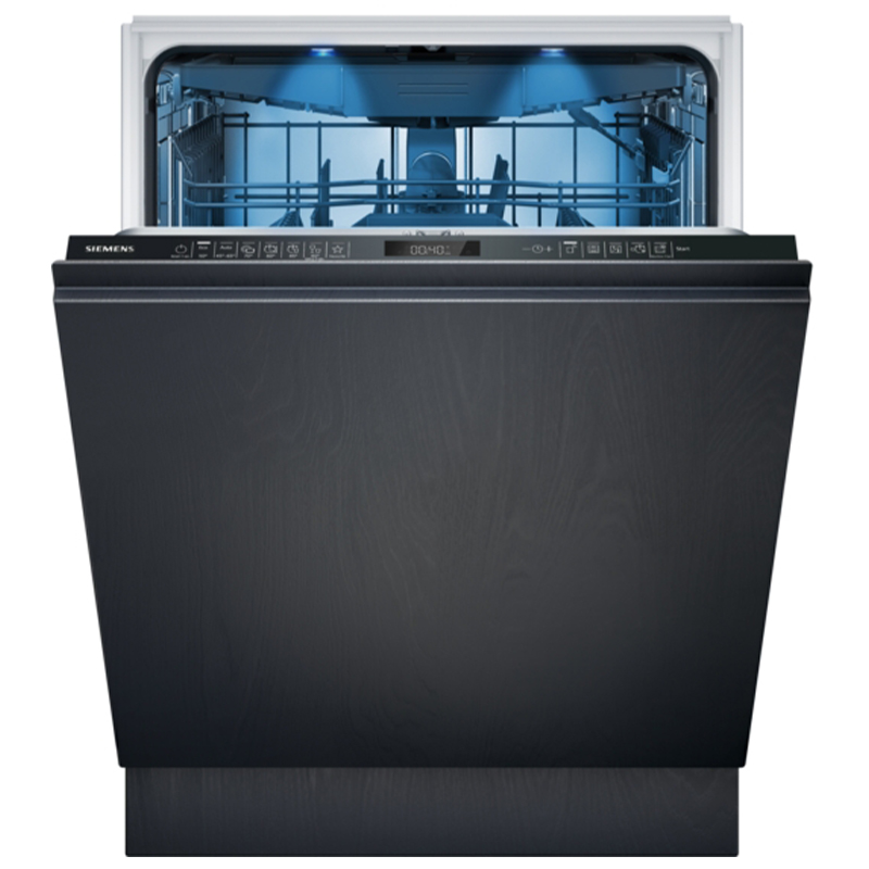 Siemens SX95EX22CE fully integrated dishwasher on a white background with its door open, revealing a spacious interior illuminated by blue interior lighting.