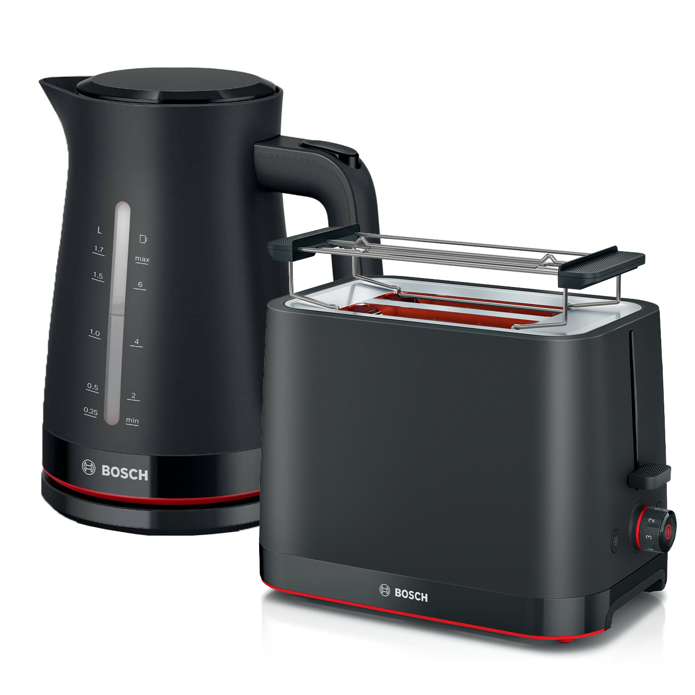Bosch TAT3M123 toaster and TWK3M123 kettle set in modern kitchen design