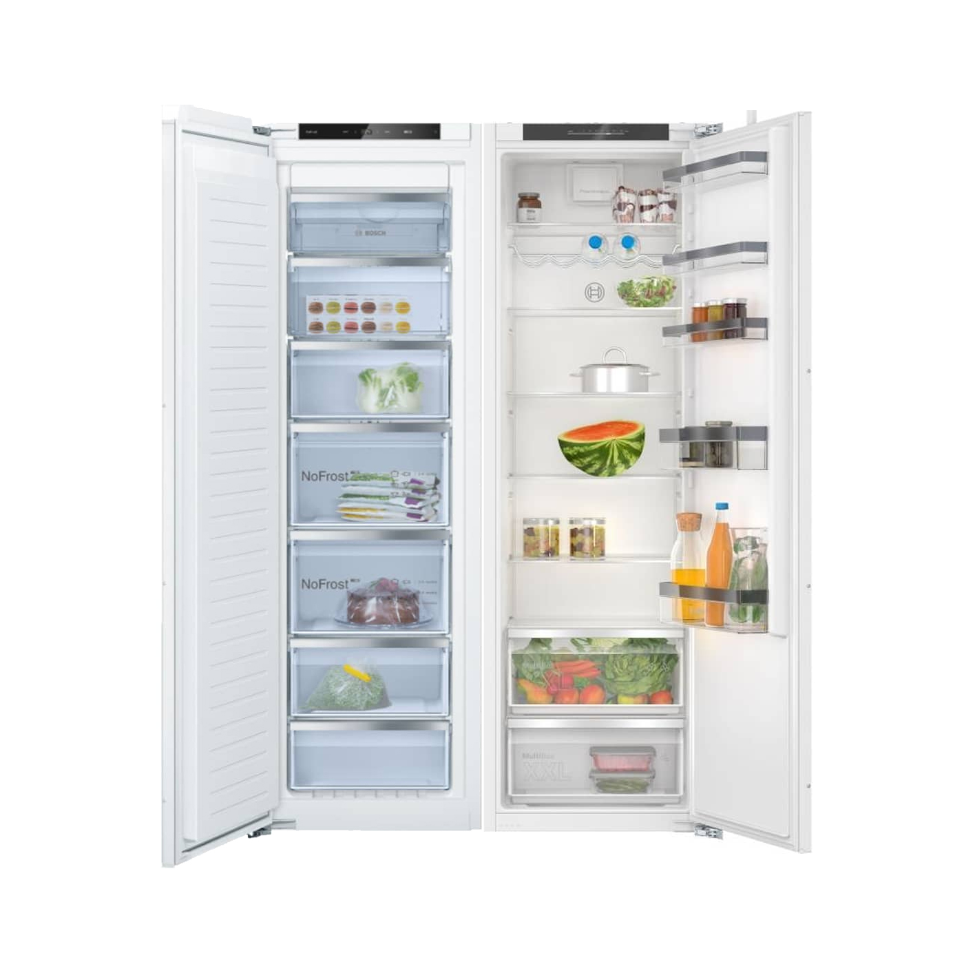 Bosch KIR81VFE0 larder fridge and GIN81VEE0 freezer built into modern kitchen cabinetry